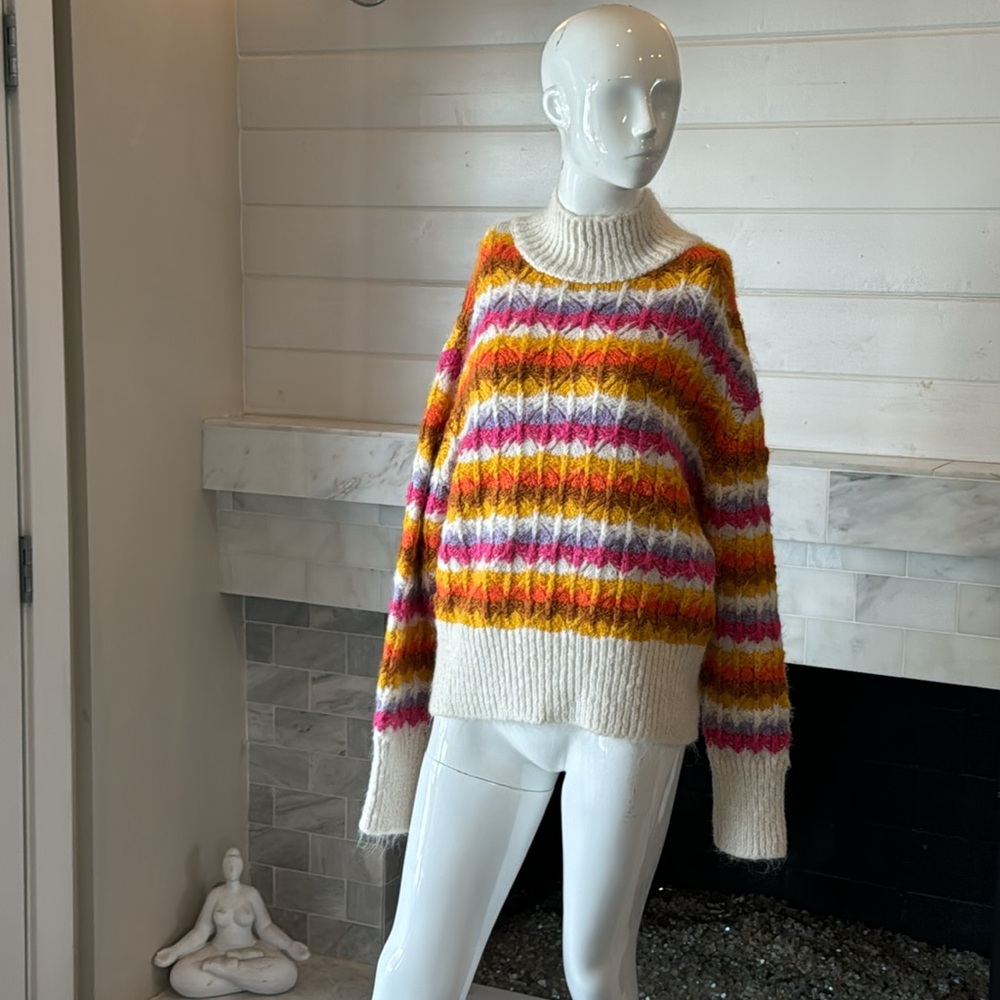 Zara Bloggers Fave Chunky Jaquard Cream Rainbow Stripe Mockneck Sweater Size M